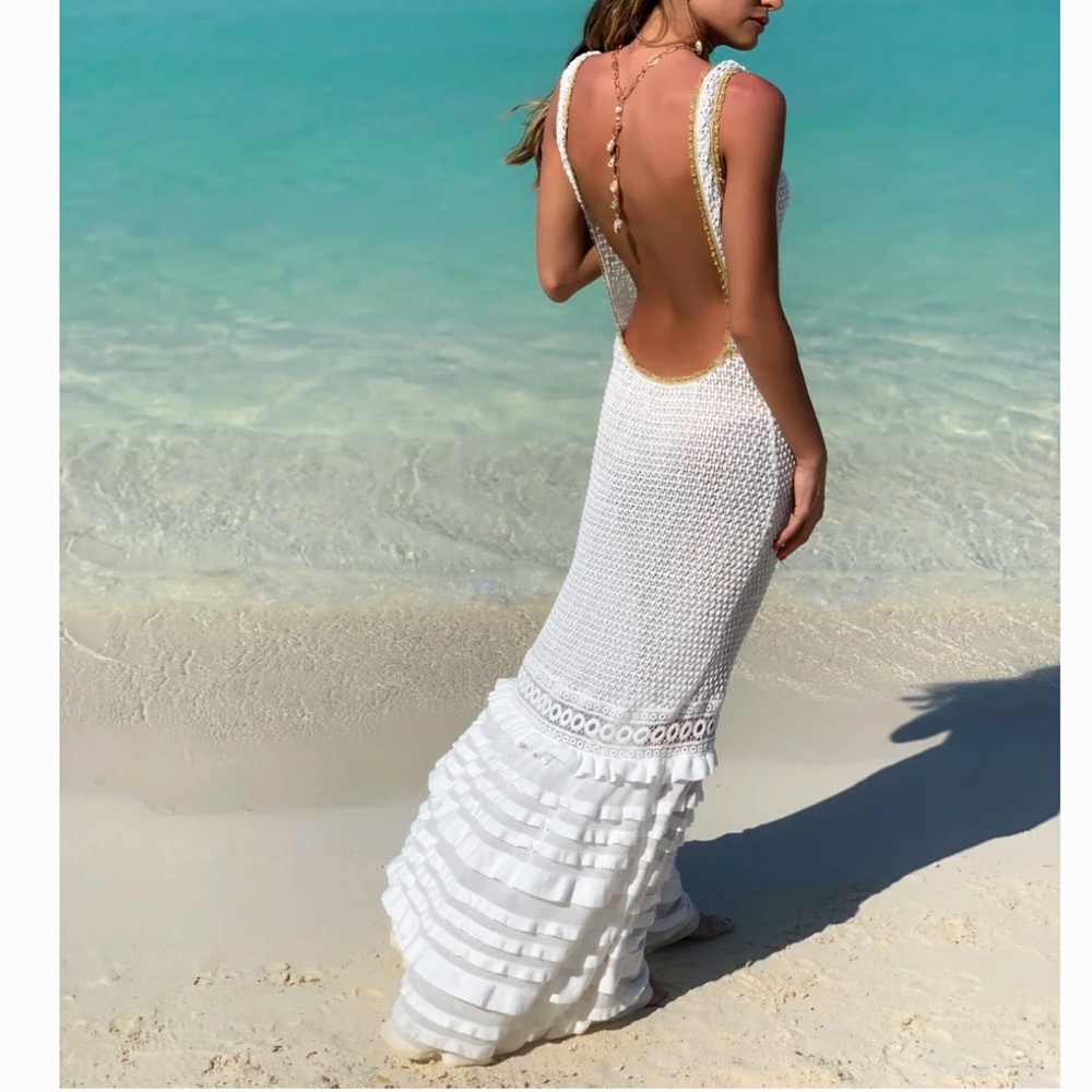 Elegant White Crochet Backless Cover Up Dress